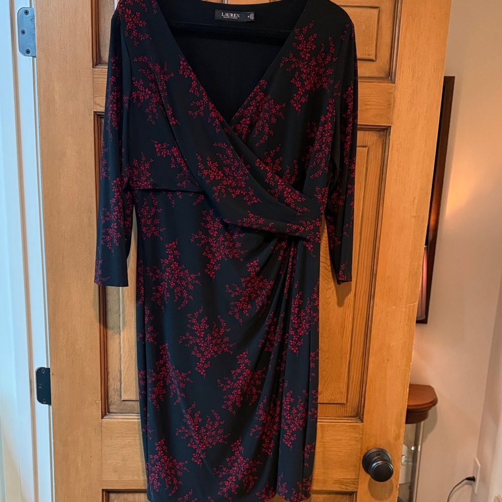 Lauren Ralph Lauren Black Dress with Red Floral Print, Long Sleeve Faux-Wrap
